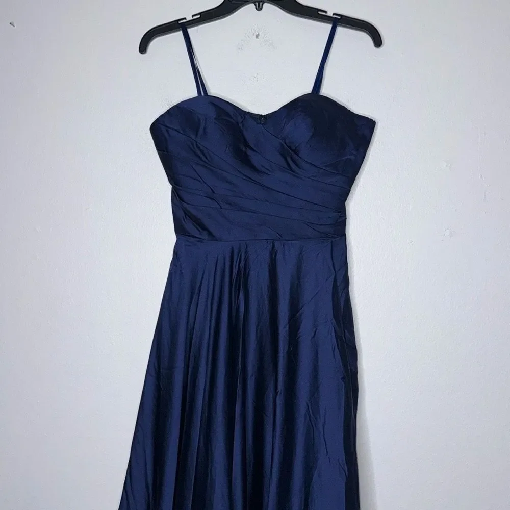 La Femme Womens Size 8 Navy Strapless Slit Satin Ballgown - Picture 5 of 12